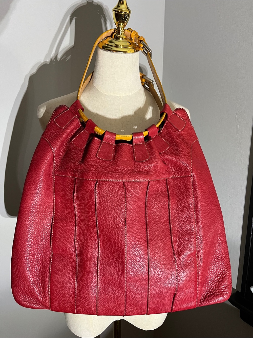 Tusk Red Leather Shoulder Bag with Tan Leather Handles